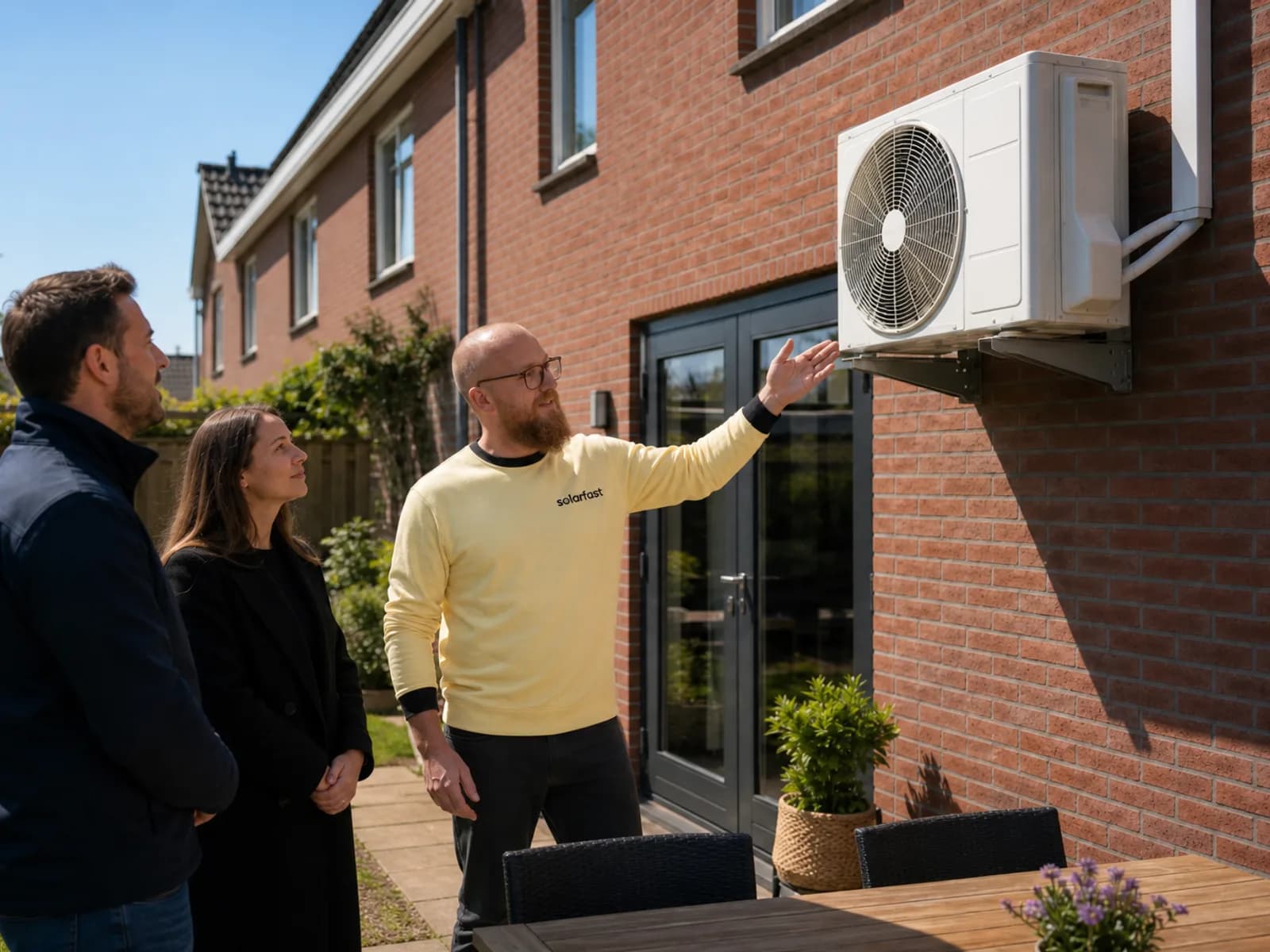 SolarFast advisor in company uniform discussing the outdoor unit with a homeowner in the backyard