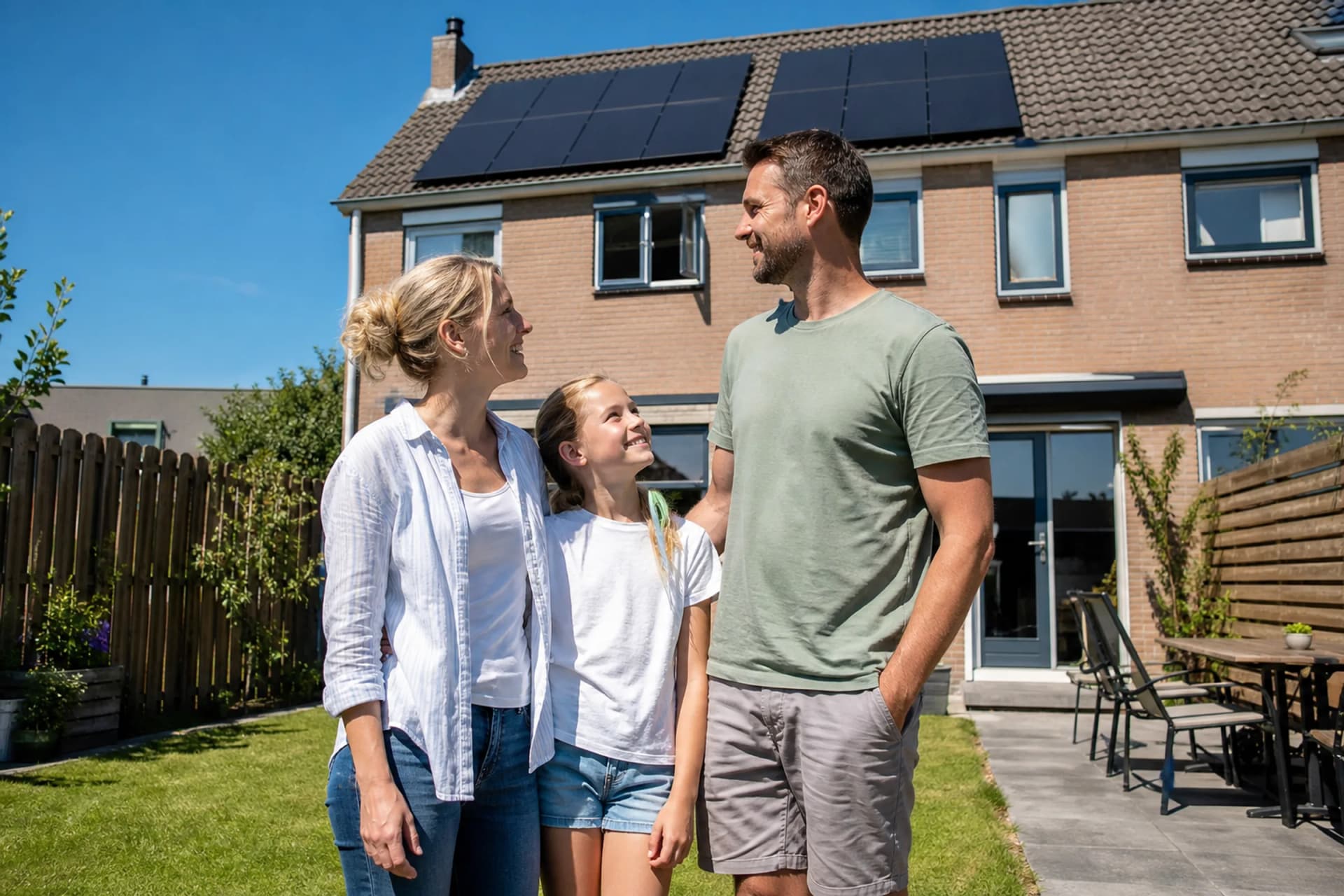 Family in a sunny backyard at their home with solar panels on the roof