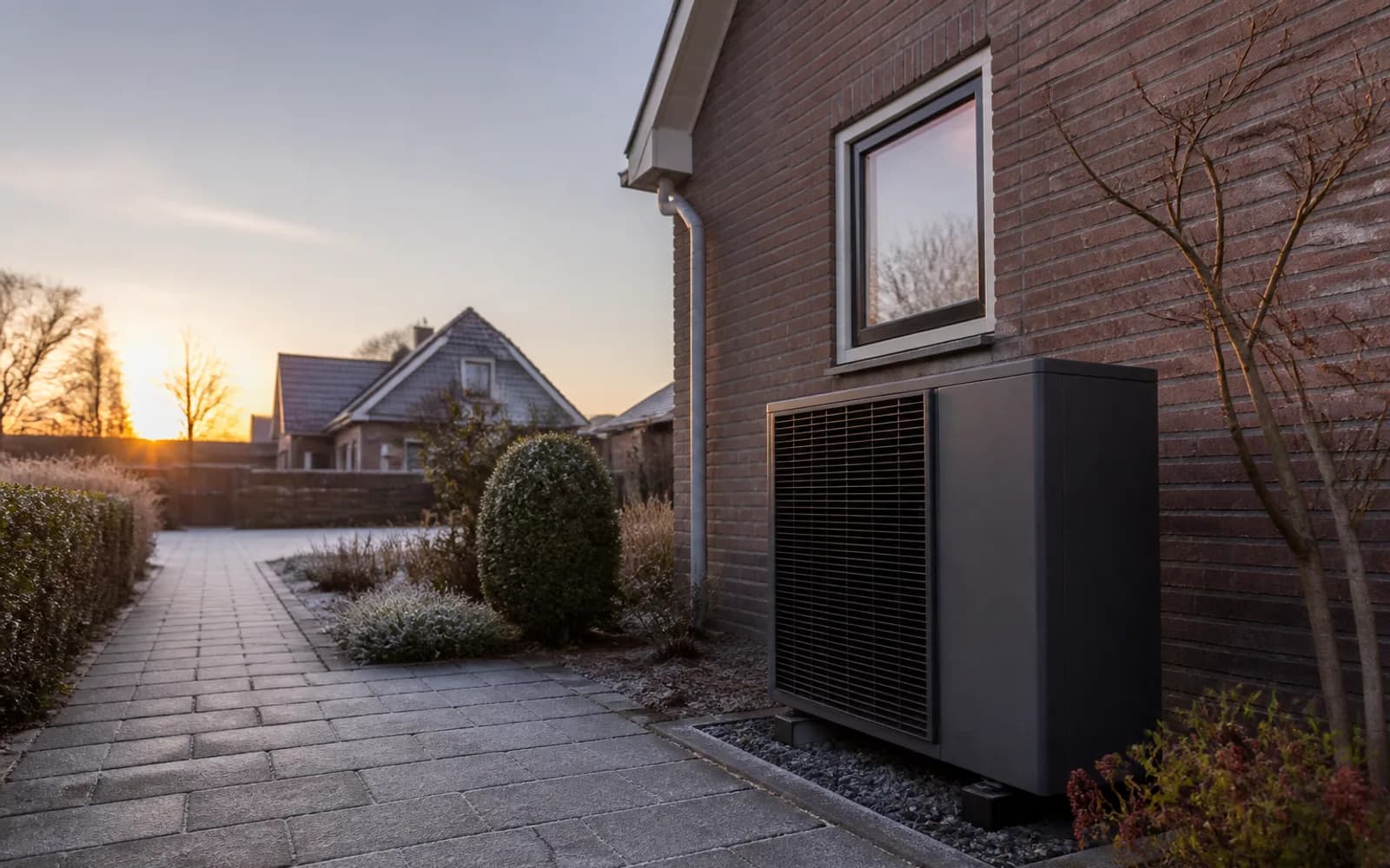 Warmtepomp buitenunit op een frisse winterochtend