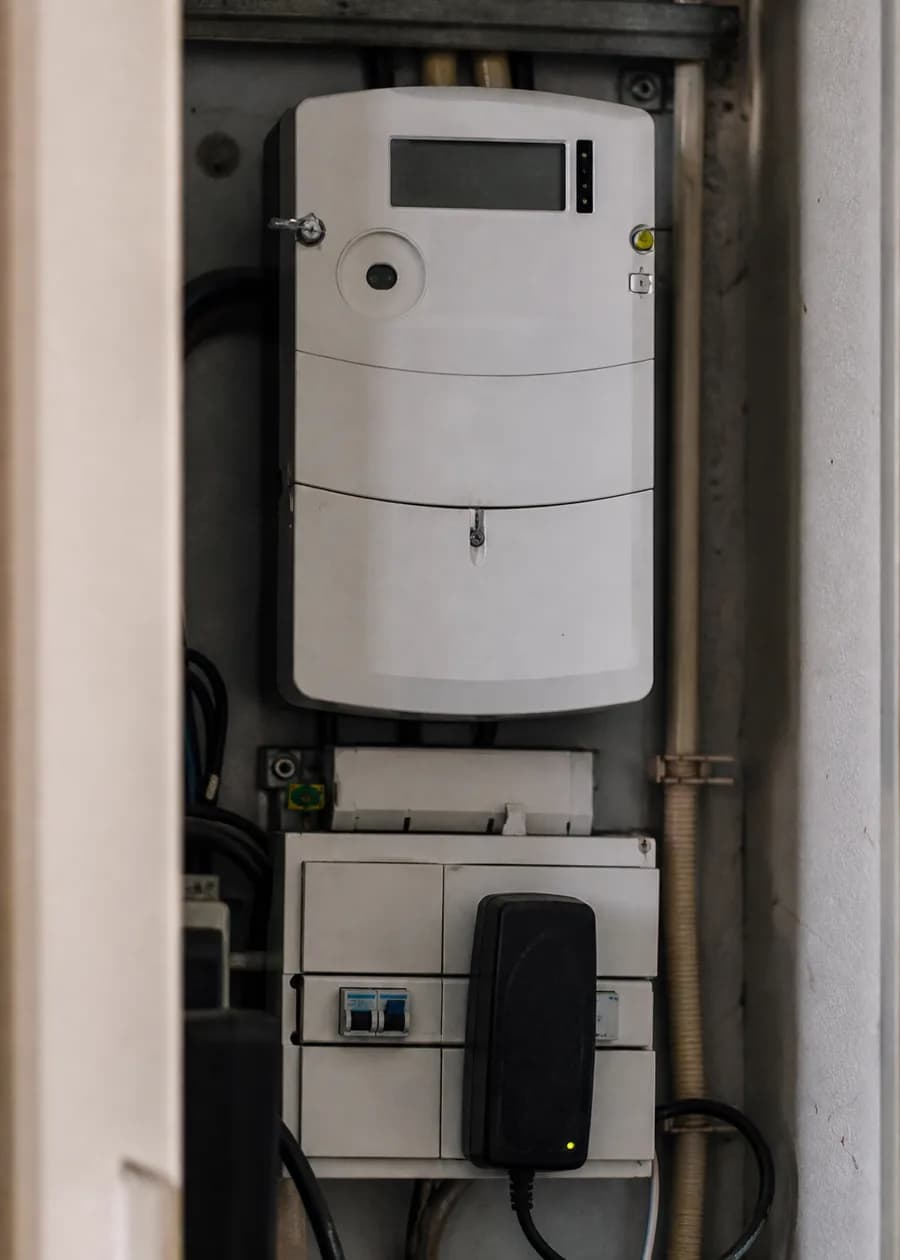 Close-up of a smart meter in a Dutch fuse box