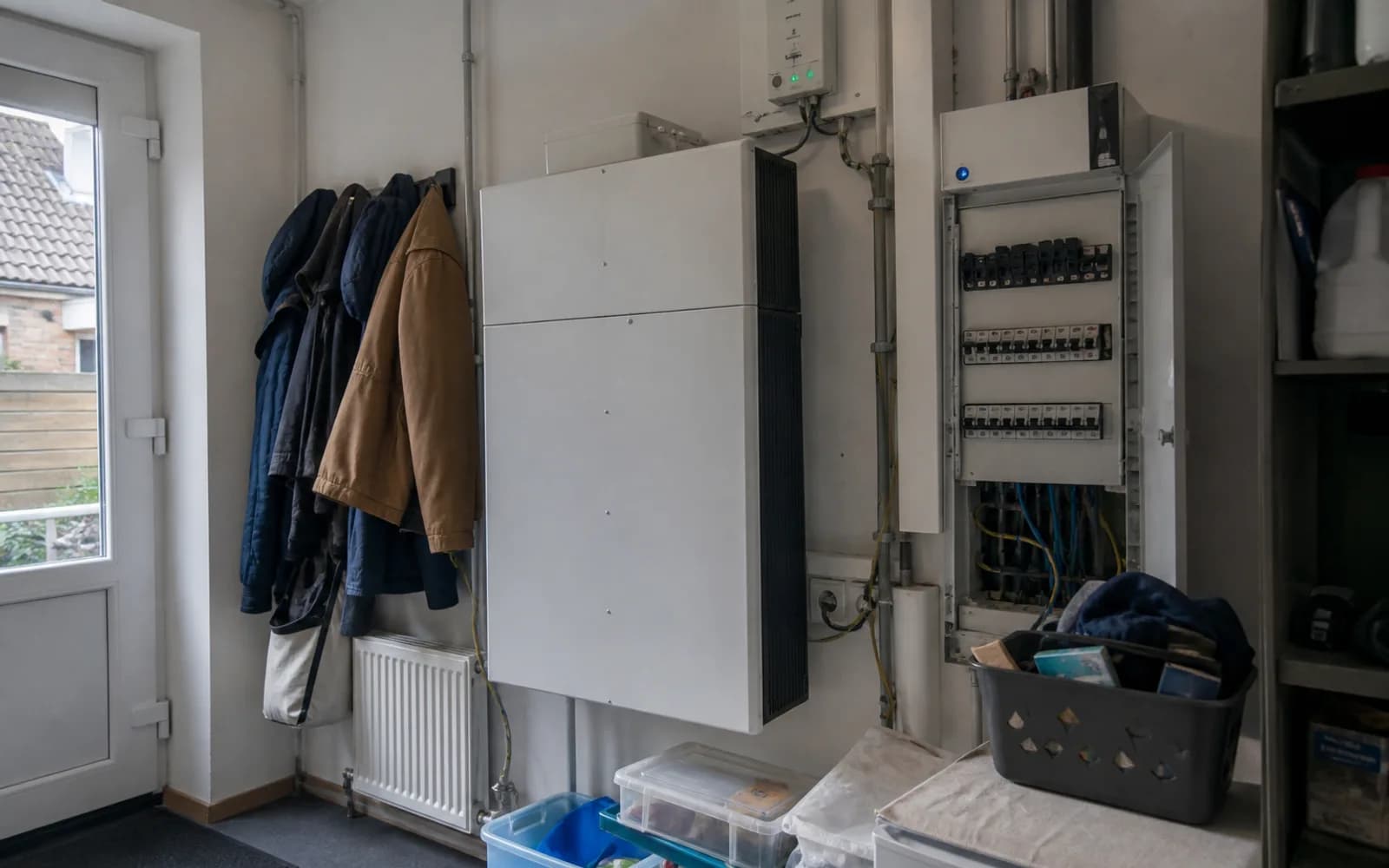 Utility room with home battery and fuse box