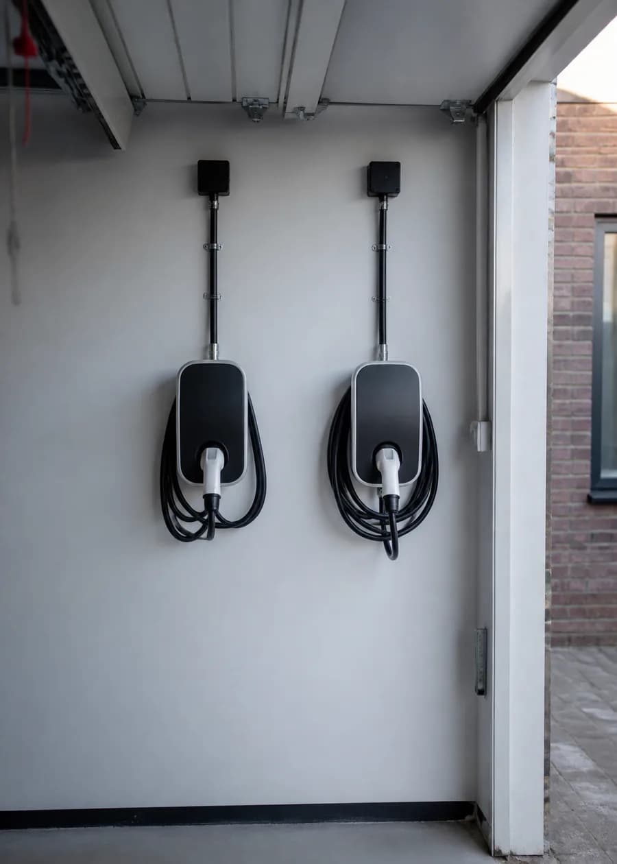 Two wallbox chargers side by side on a garage wall