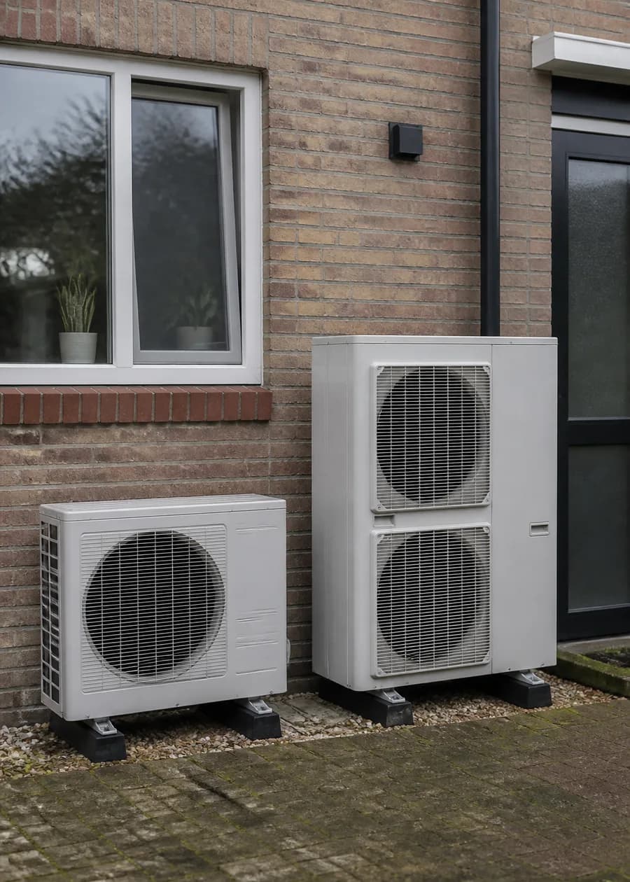 Two heat pump outdoor units of different sizes beside a house