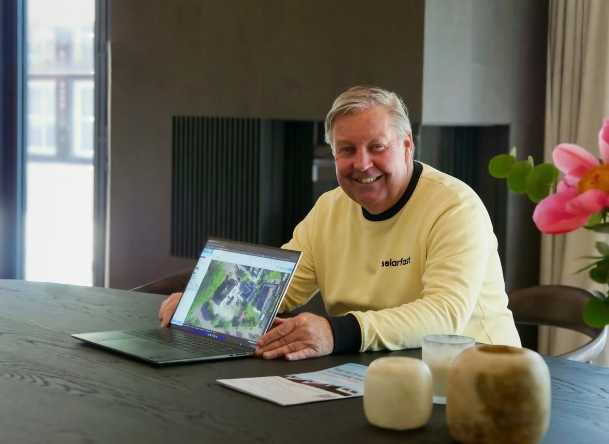 SolarFast adviseur bespreekt het dakplan op de laptop aan tafel