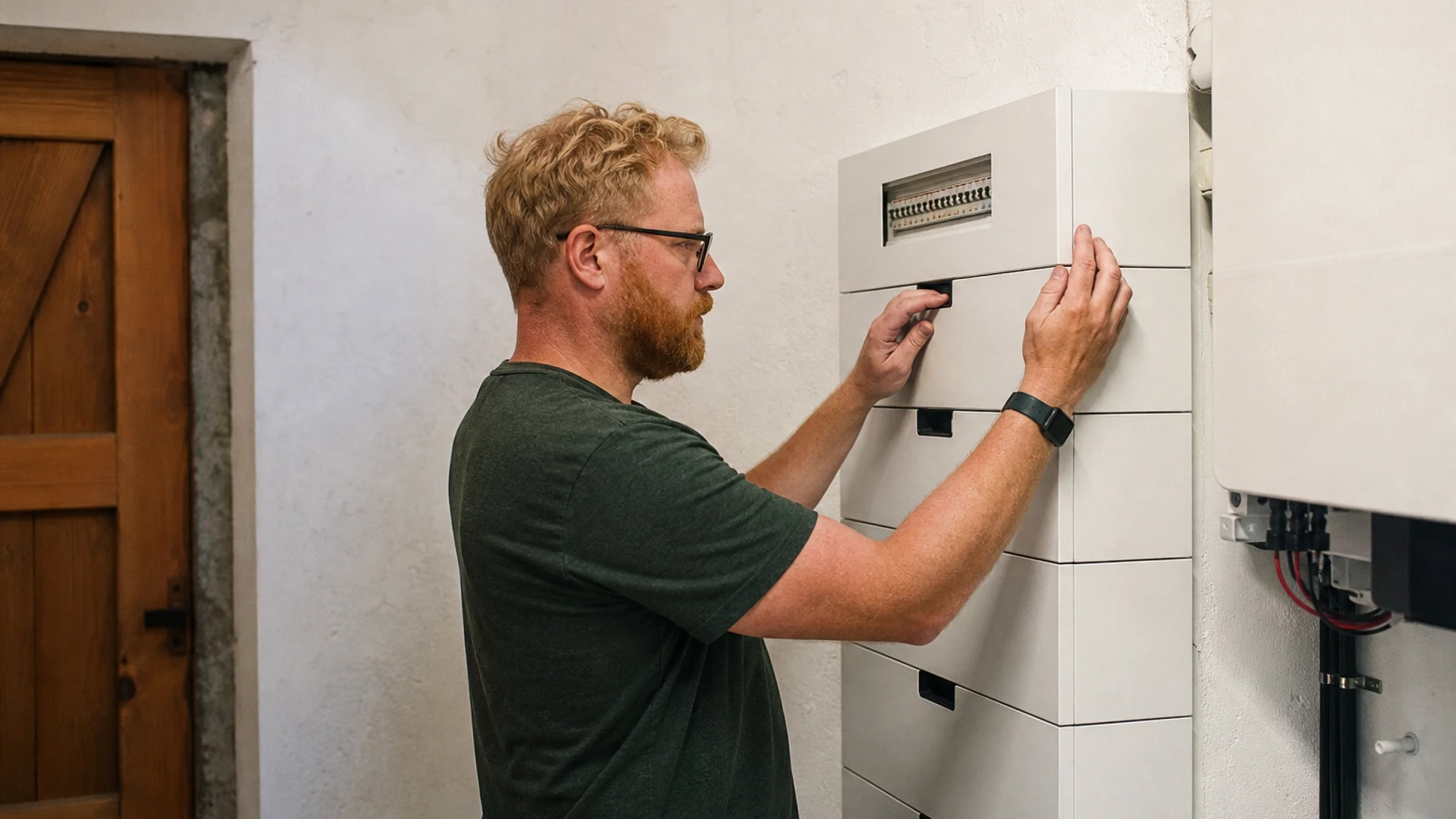 Monteur bij een thuisbatterij tijdens de installatie
