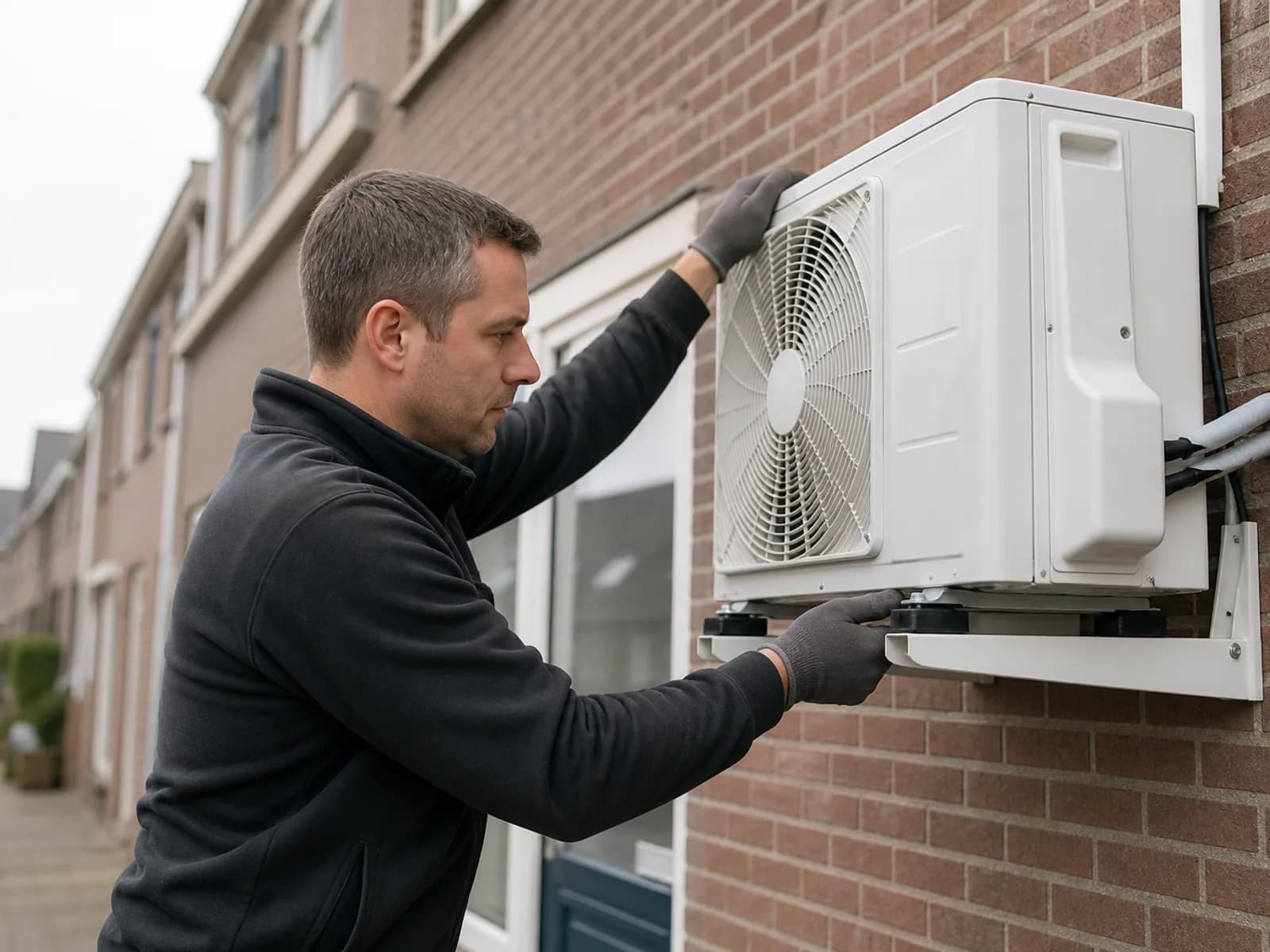 Installateur plaatst een airco-buitenunit
