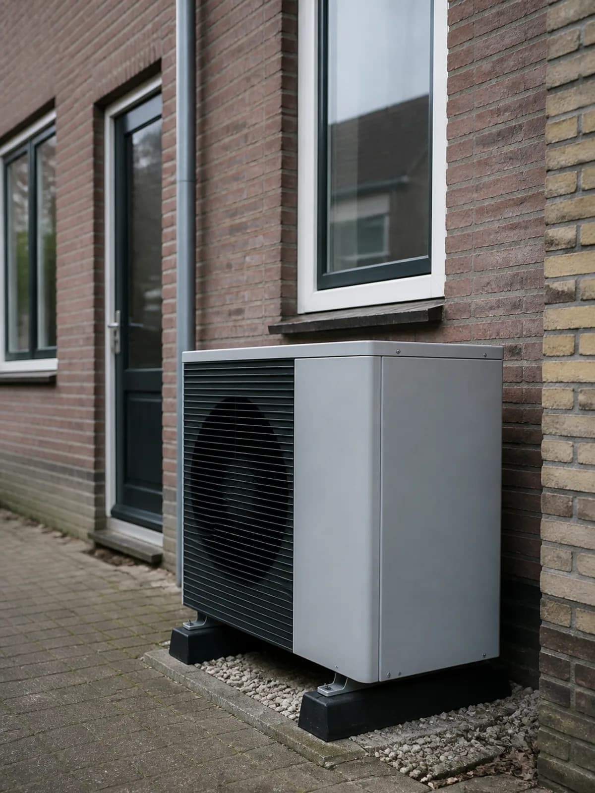 Air-to-water heat pump outdoor unit against a brick facade