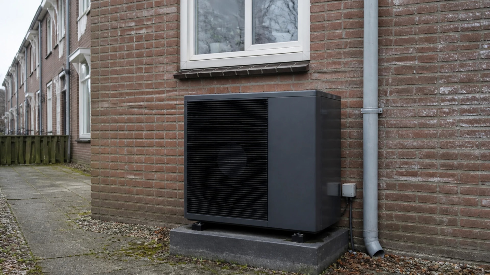 Buitenunit van een lucht-waterwarmtepomp bij een Nederlandse rijwoning
