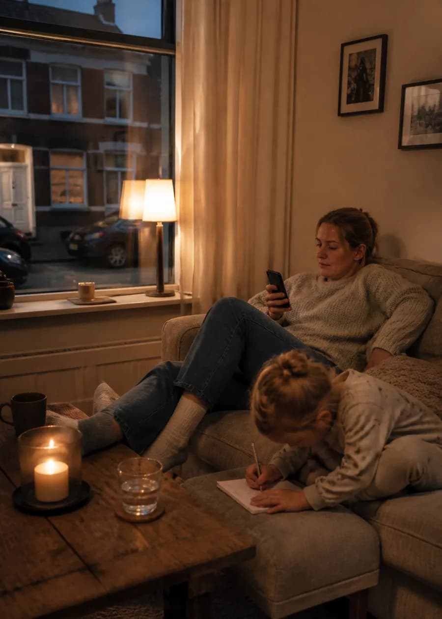 Verlichte woonkamer in de avond terwijl het buiten schemert