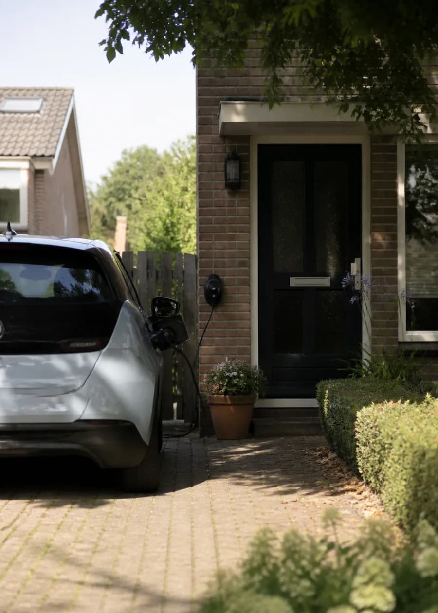 Oprit met elektrische auto en woning op de achtergrond