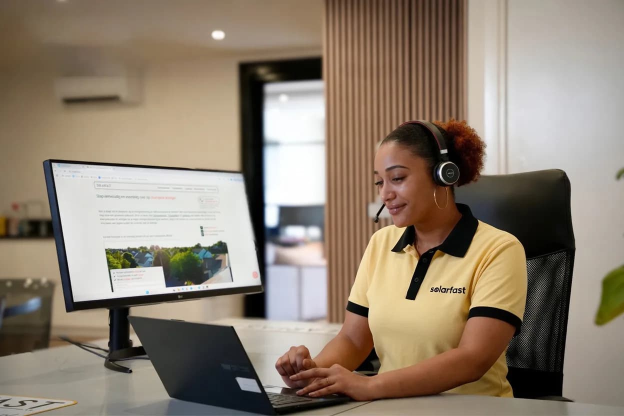 Solar Fast medewerker met headset helpt een klant achter haar laptop