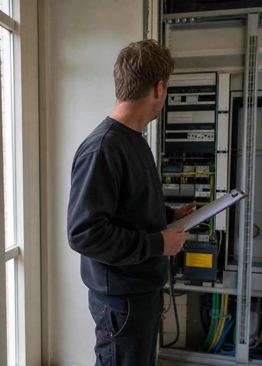 Energy advisor with a clipboard at an installation