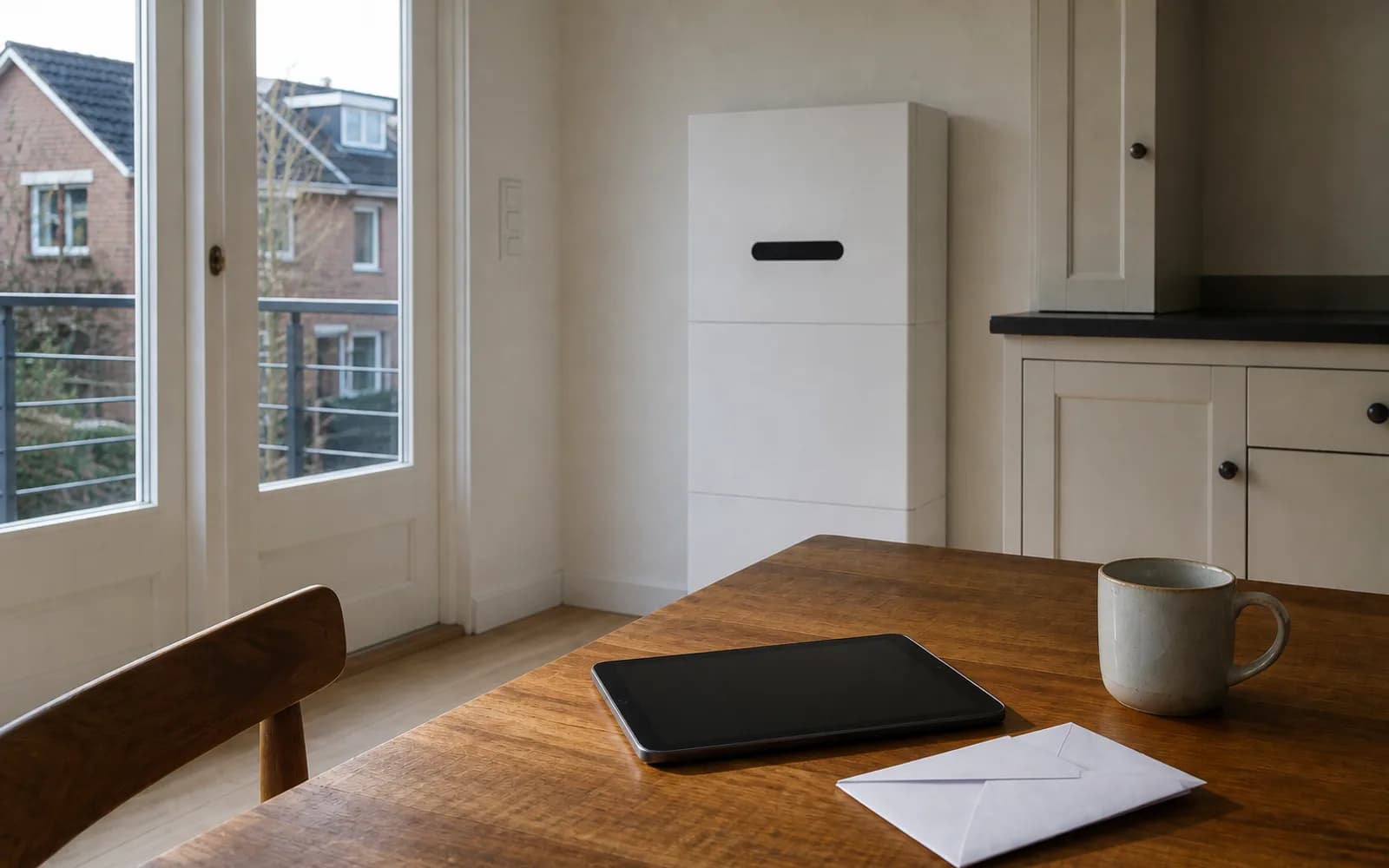 Witte thuisbatterij in de eetkamer, tablet en envelop op tafel
