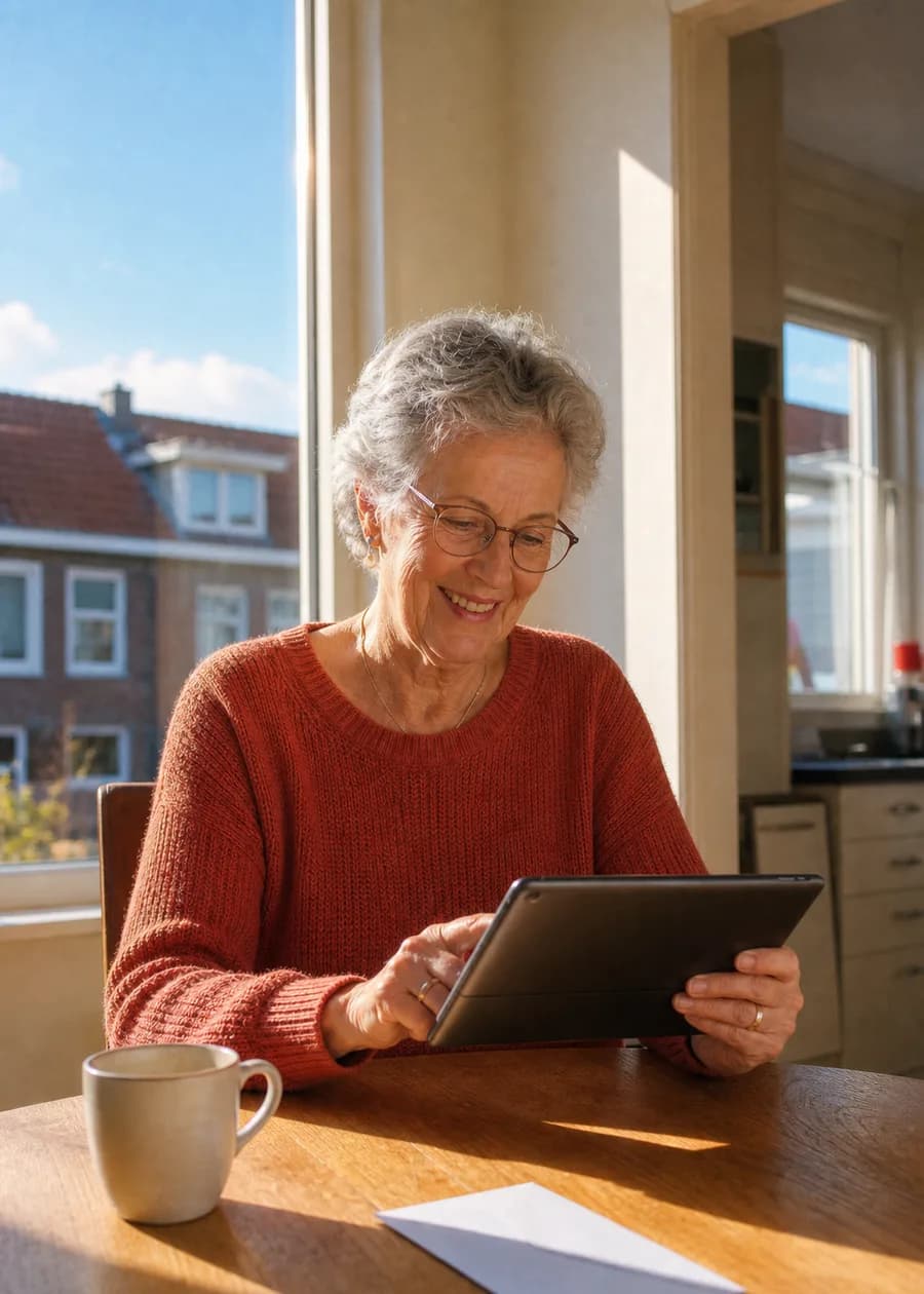 Oudere vrouw vult een formulier in op een tablet aan de eettafel