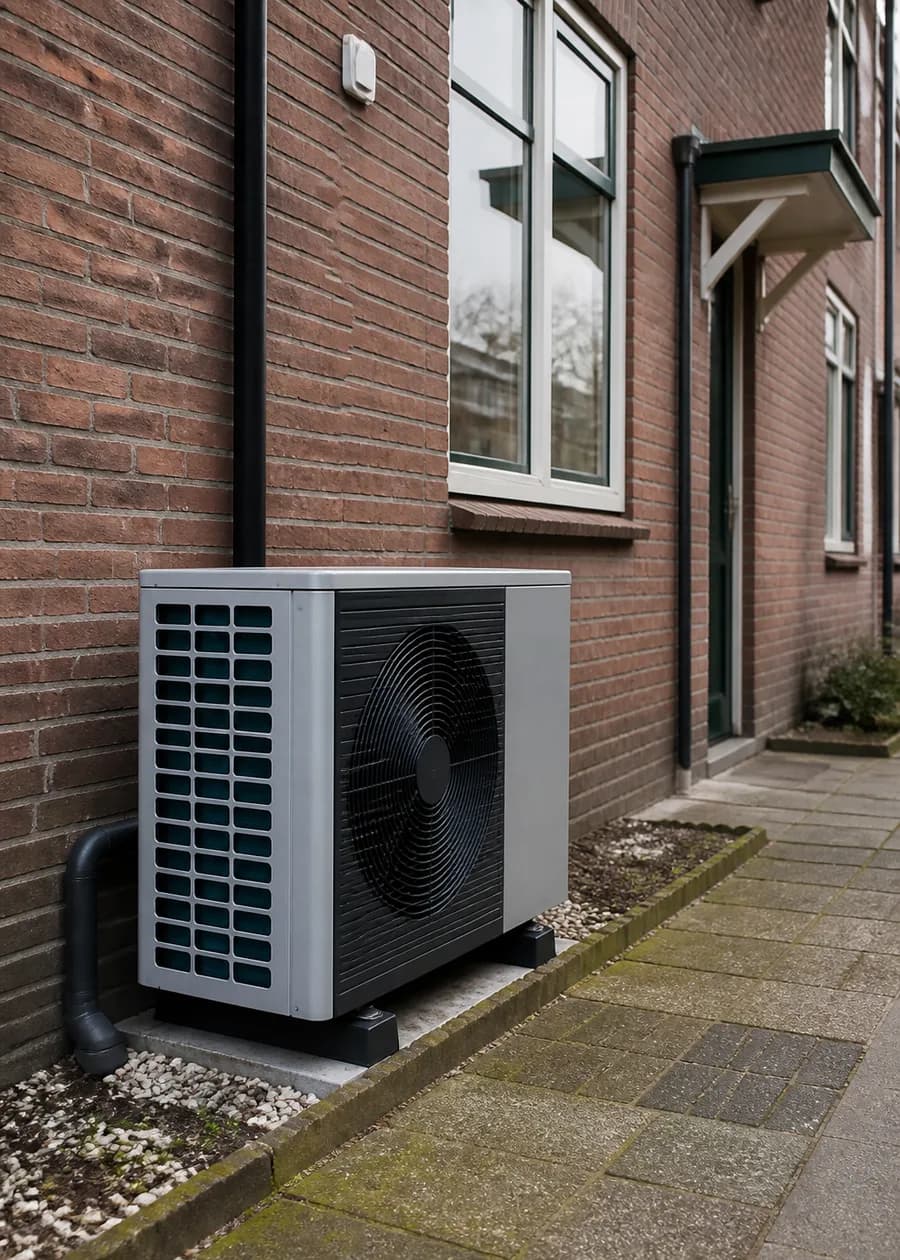 Heat pump outdoor unit beside a terraced house