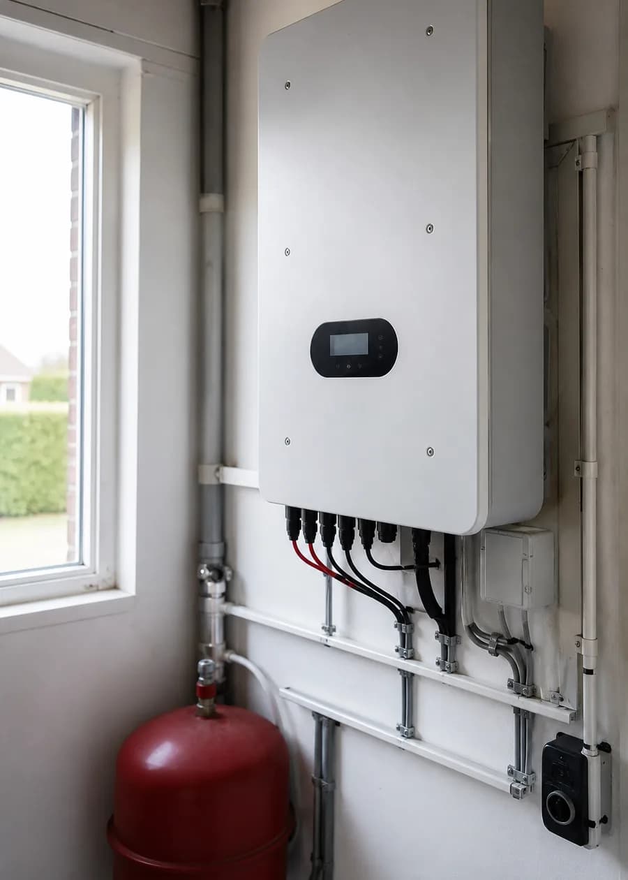Solar inverter mounted on a utility-room wall