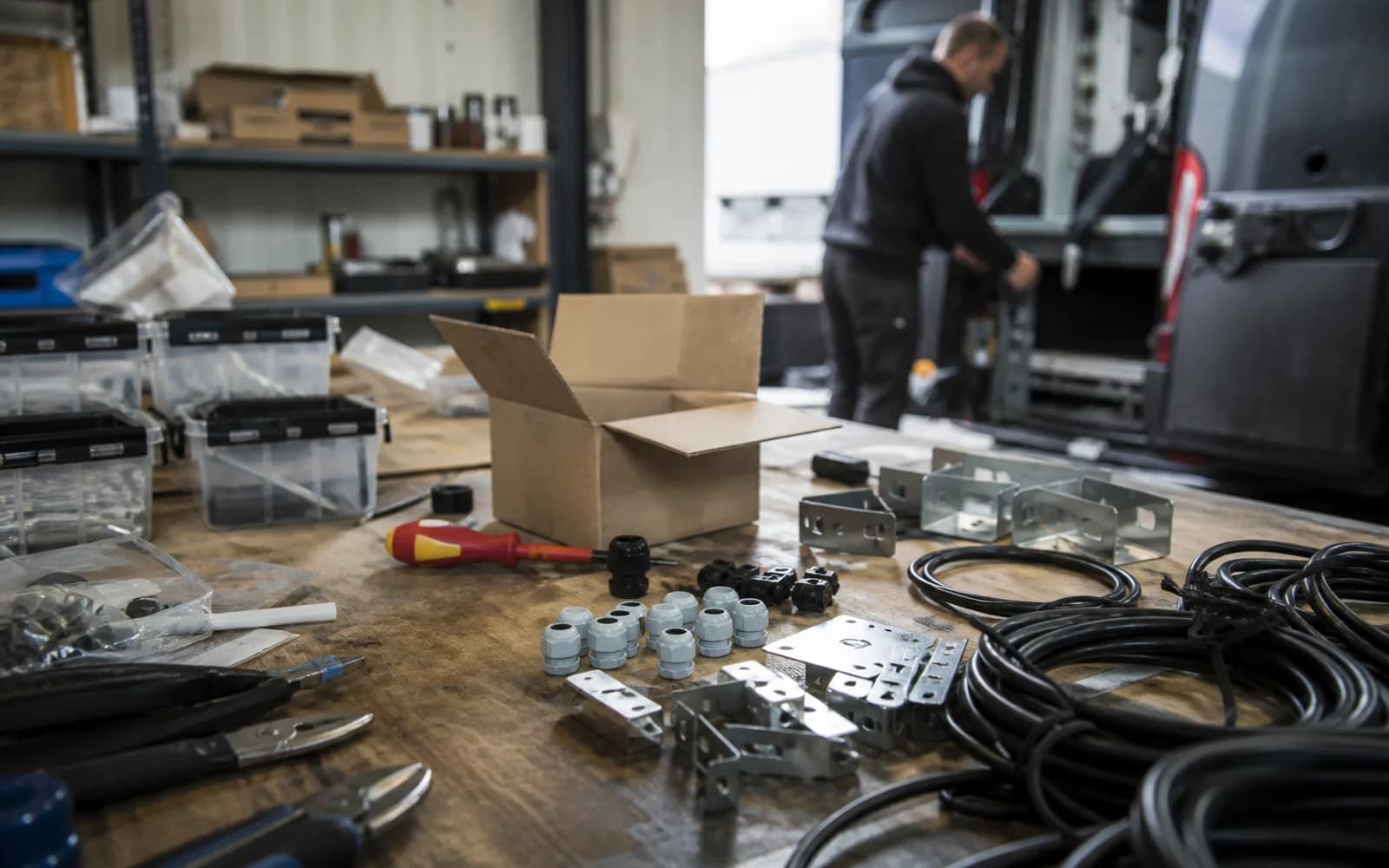 Workbench with installation tools and electrical components