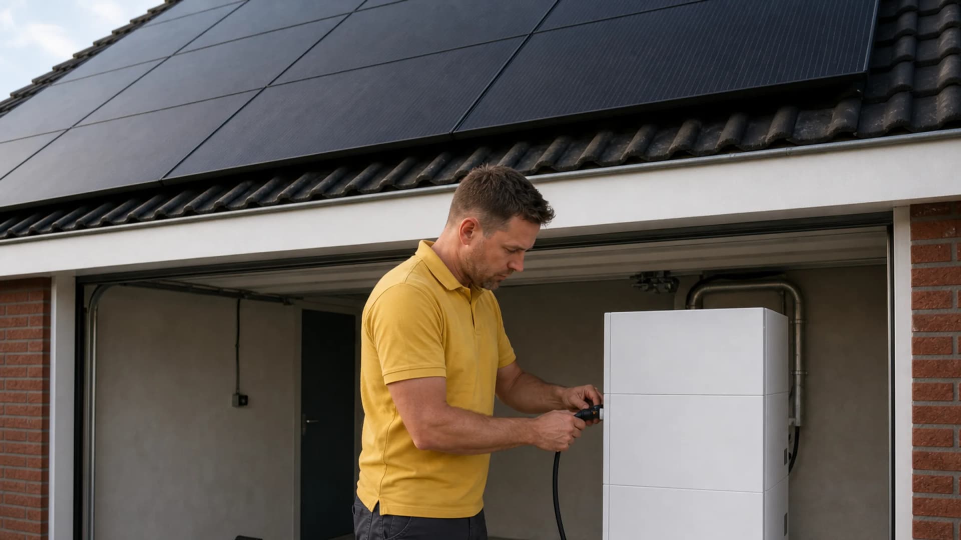 Monteur sluit een thuisbatterij aan in de garage, met zonnepanelen op het dak