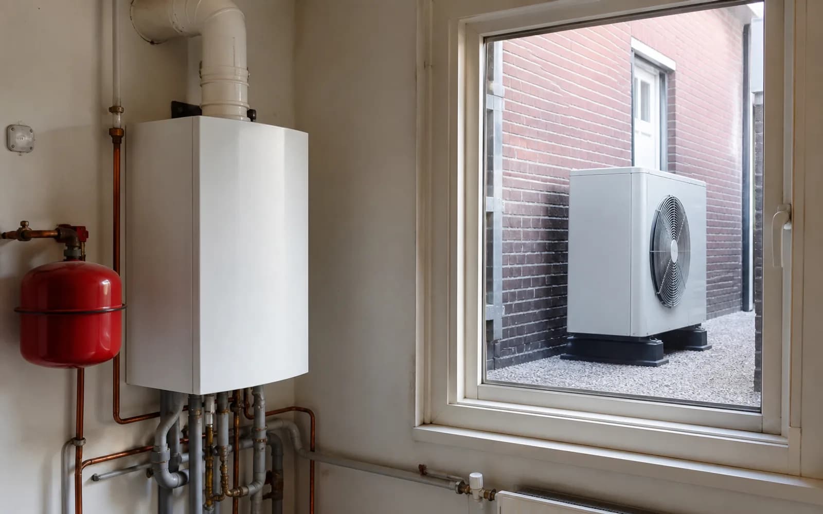 CV-ketel in de ketelruimte en warmtepomp buitenunit zichtbaar door raam