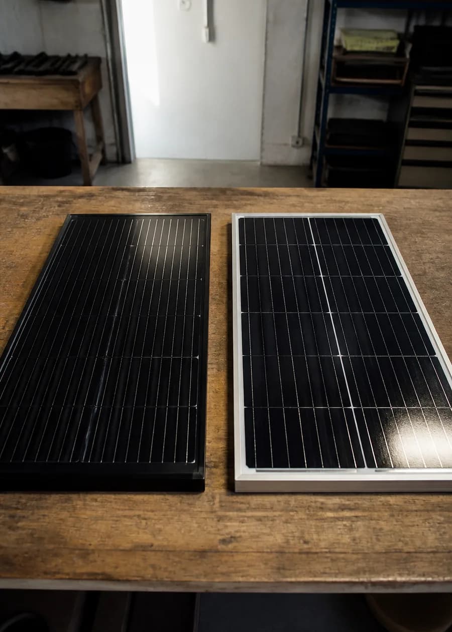 Two solar panel types side by side on a workbench
