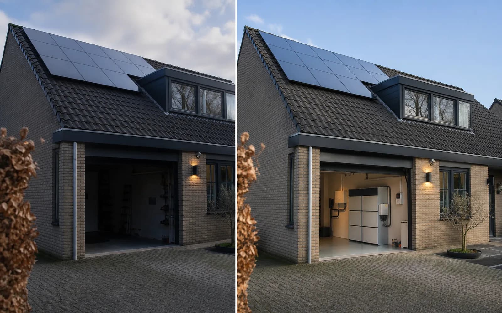 Woning met zonnepanelen, met zicht op technische ruimte met batterij