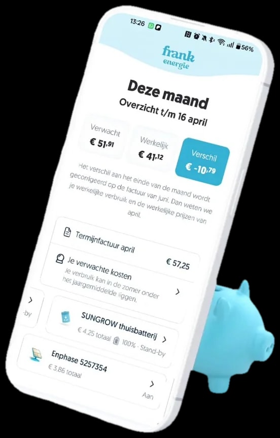 Frank Energie app op een telefoon met een spaarvarken