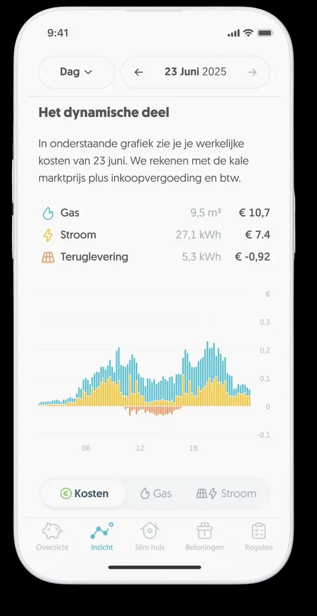 Frank Energie app: werkelijke kosten en verbruik per dag