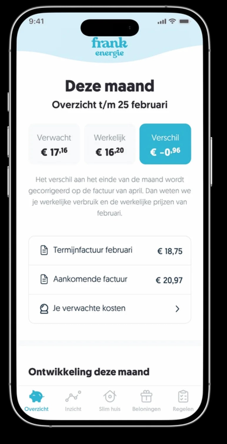 Frank Energie app: overzicht van deze maand