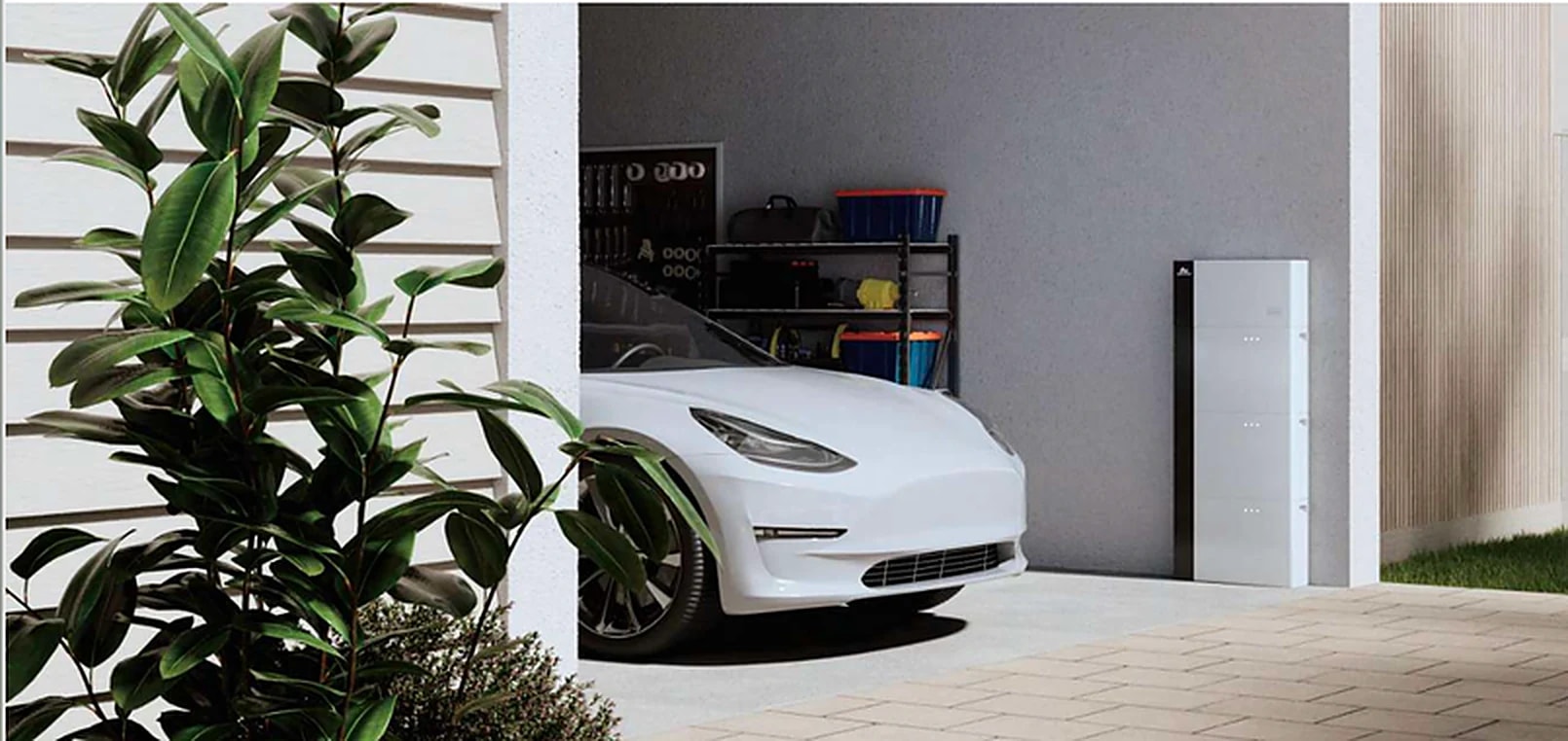 Thuisbatterij in de garage naast een elektrische auto