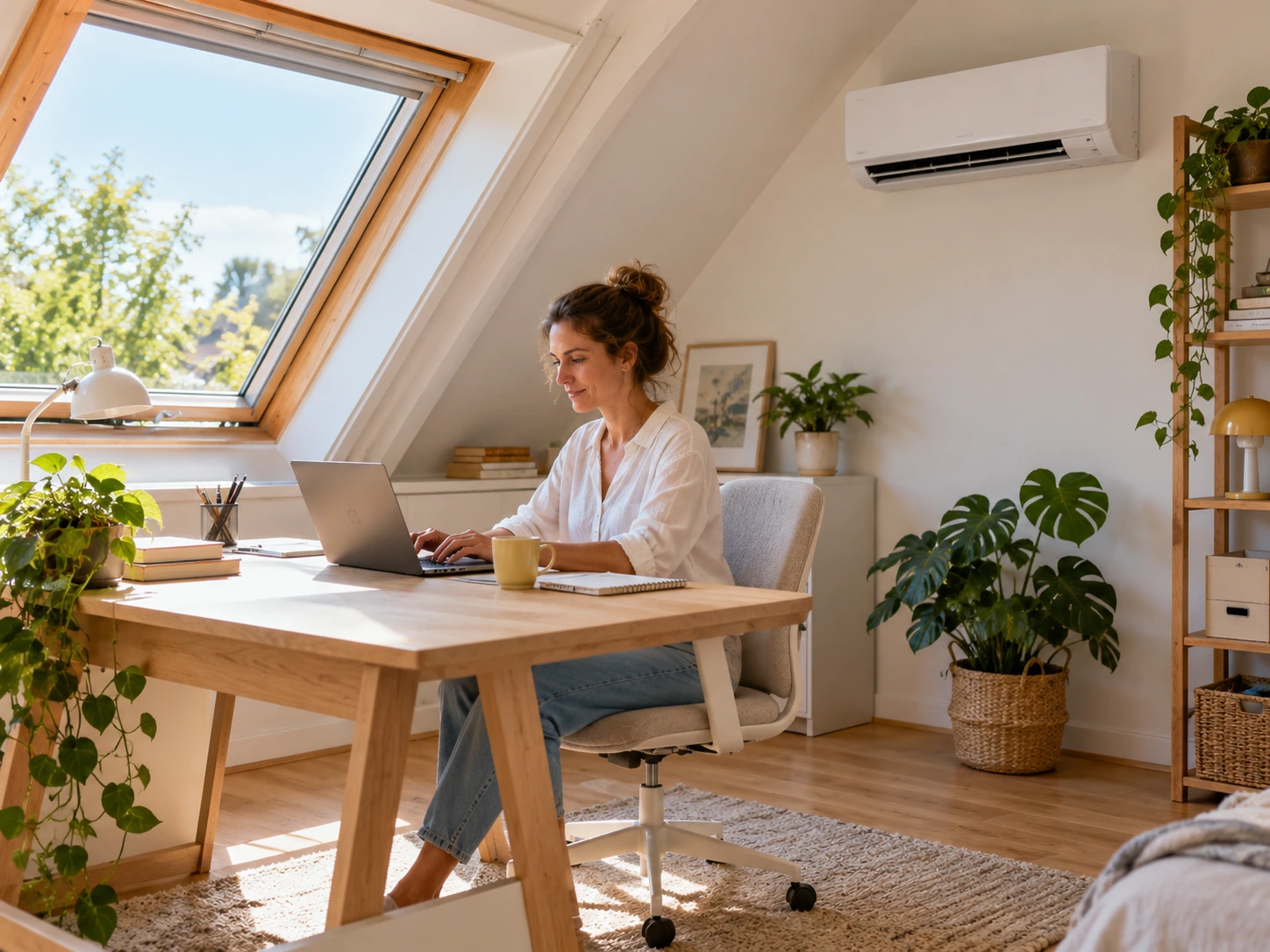 Een bewoner werkt op een lichte zolder met een airco aan de muur