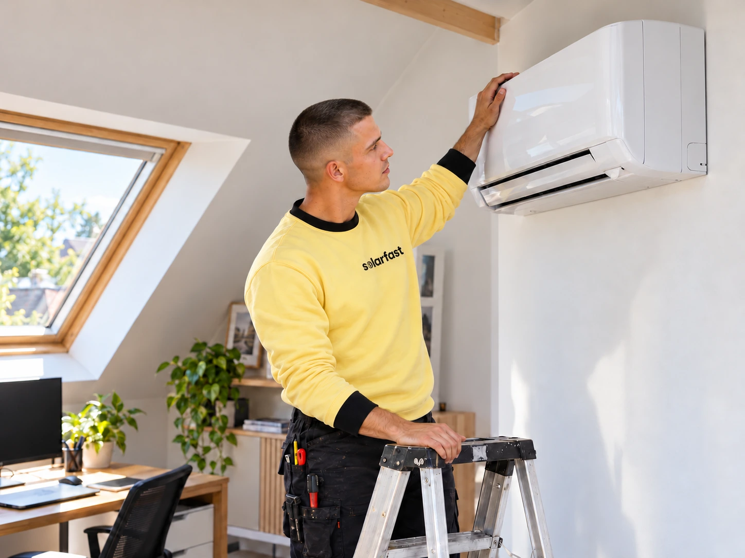 Een SolarFast-monteur controleert een airco in een werkkamer onder het dak