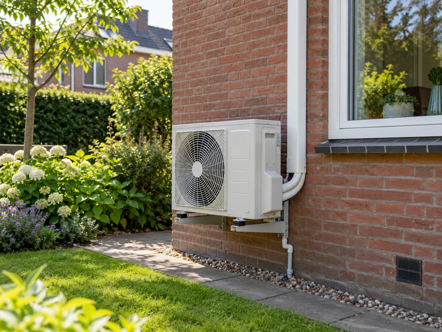 Een airco-buitenunit aan een bakstenen gevel naast een tuin