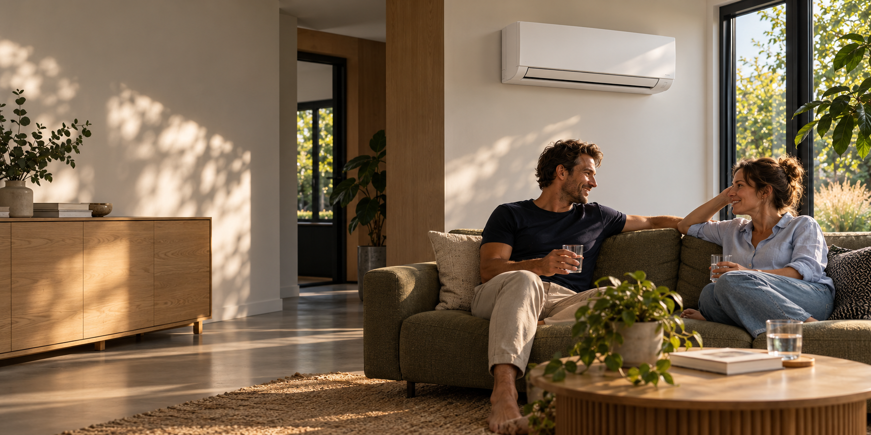 Twee bewoners op de bank met een airco aan de muur
