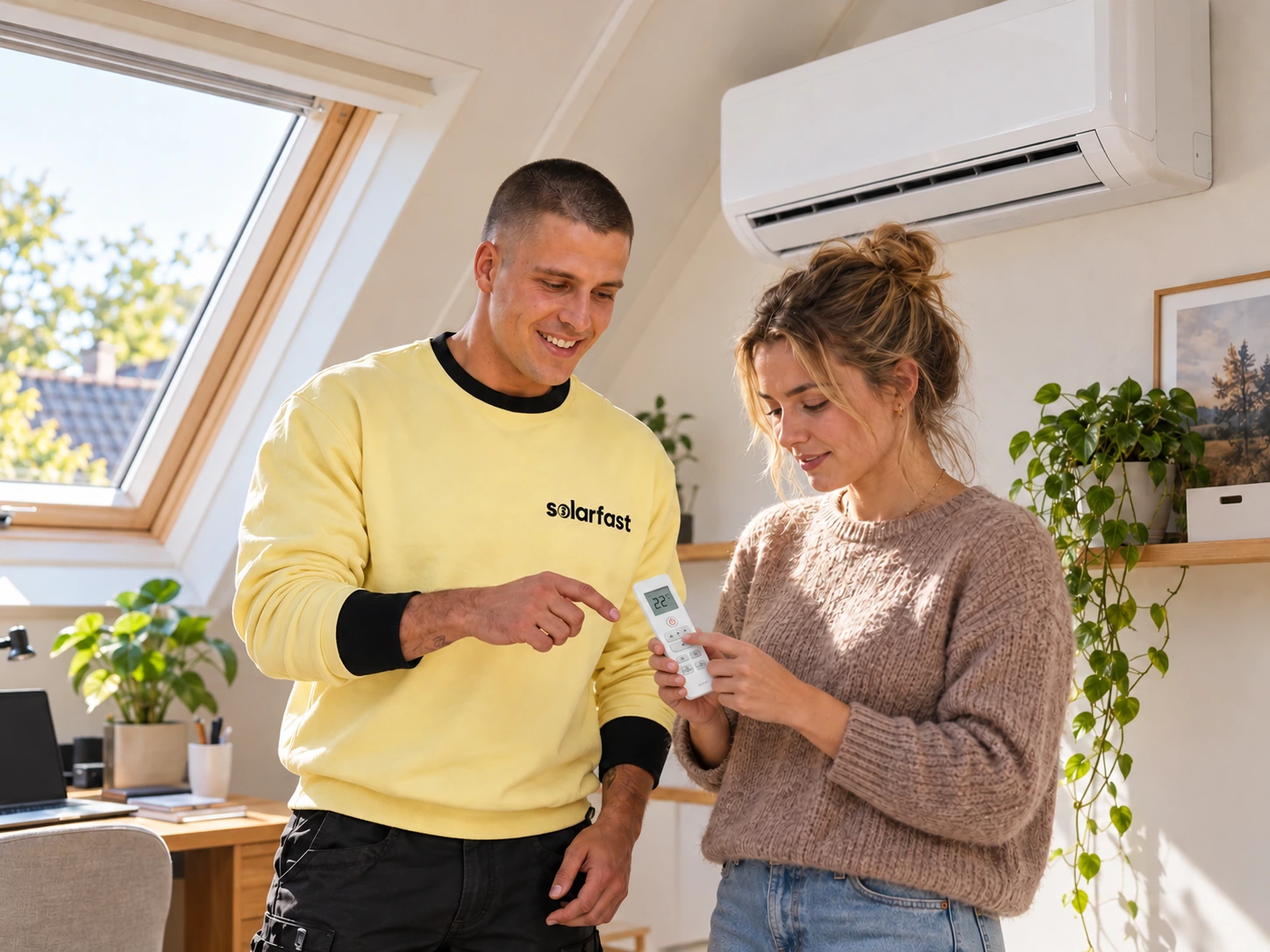 Een SolarFast-monteur legt de bewoner uit hoe de afstandsbediening van de airco werkt