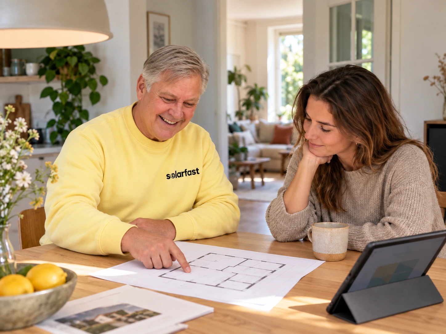 Hans van SolarFast bespreekt een woningplattegrond en voorstel aan de keukentafel