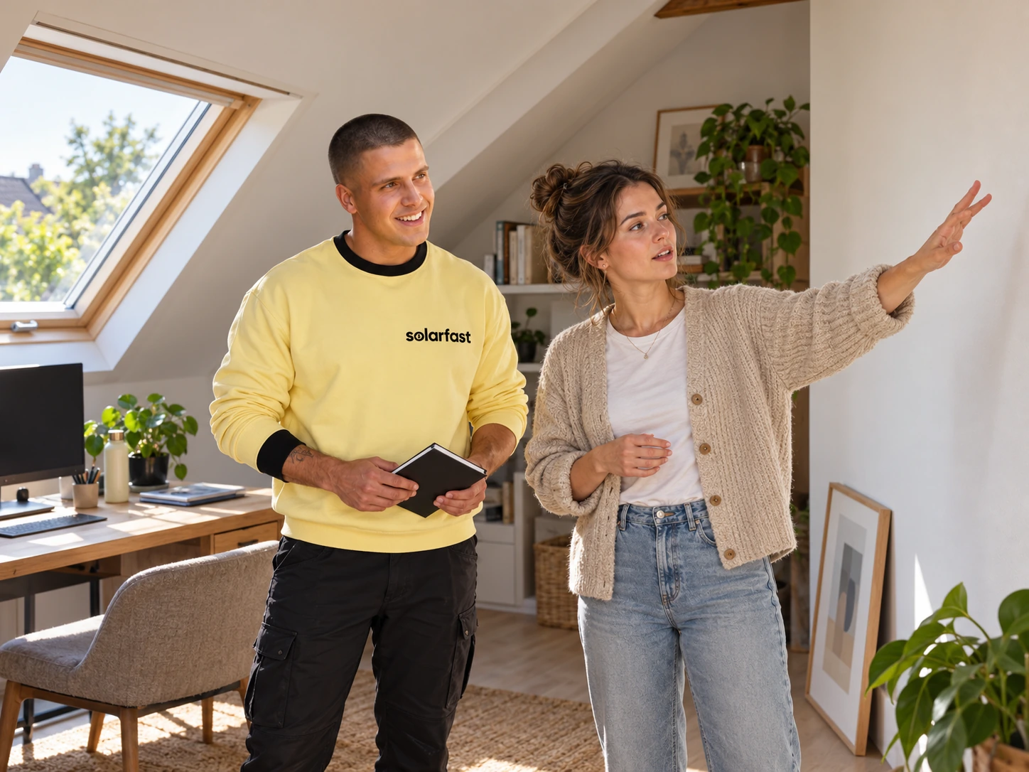 Een SolarFast-adviseur en bewoner bespreken de plek voor een airco in de werkkamer