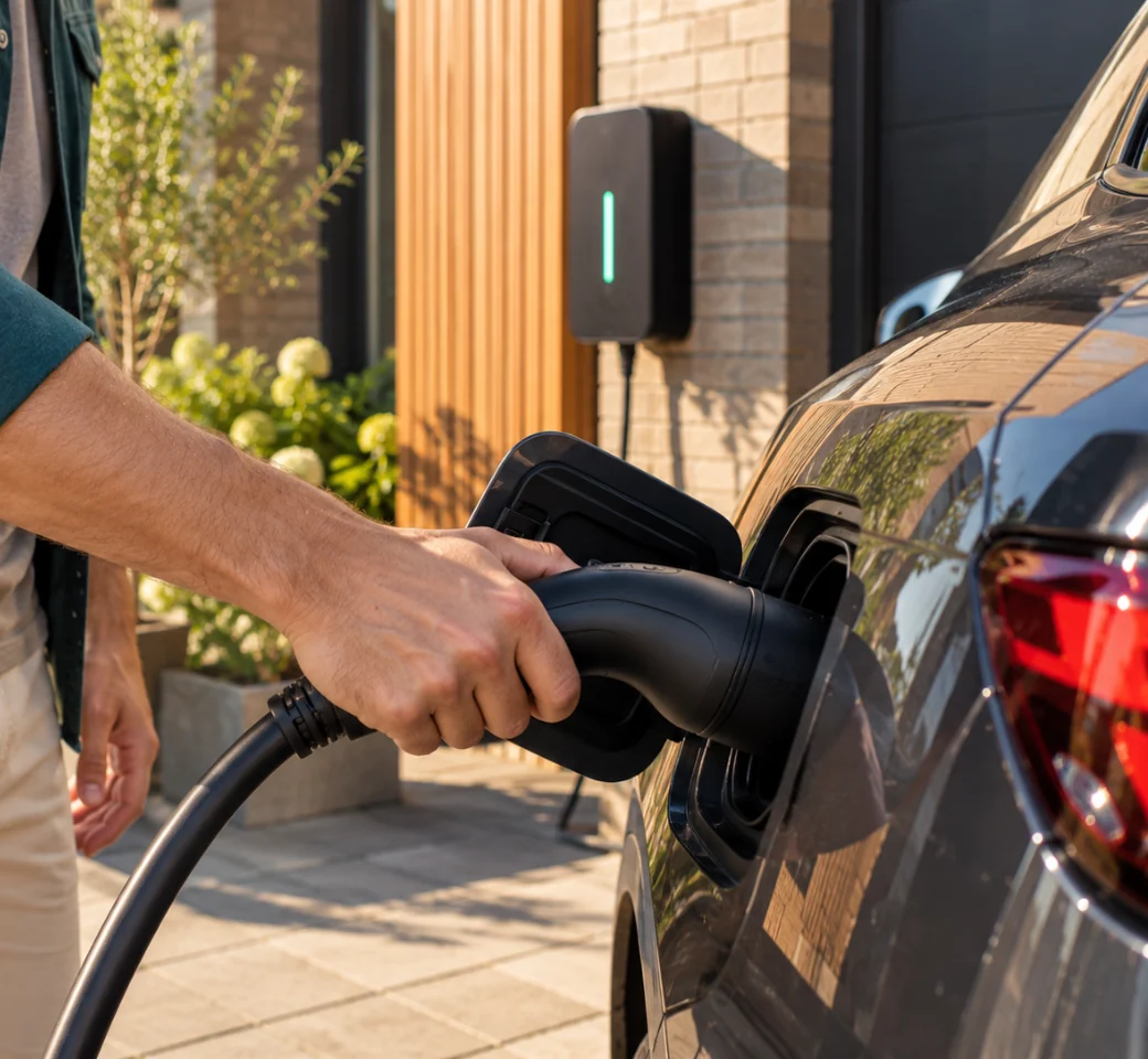 Een elektrische auto wordt opgeladen bij een woning