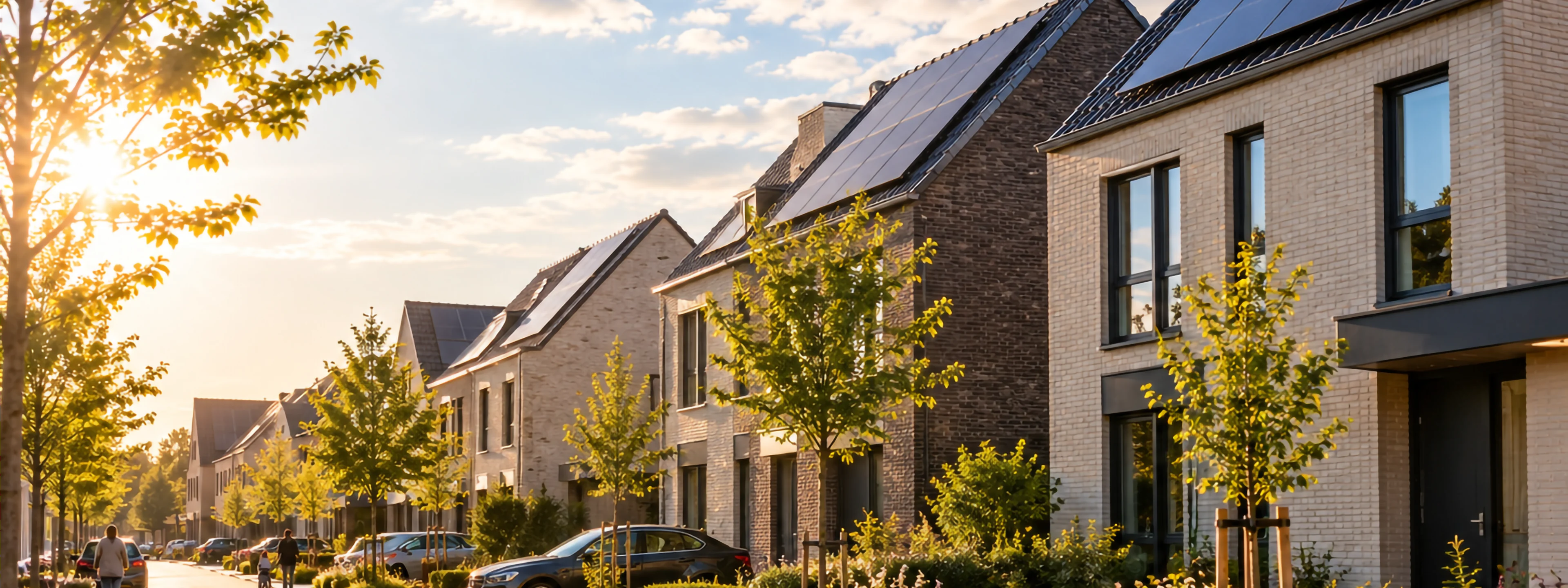 Rijtjeswoningen in de avondzon met zonnepanelen op het dak