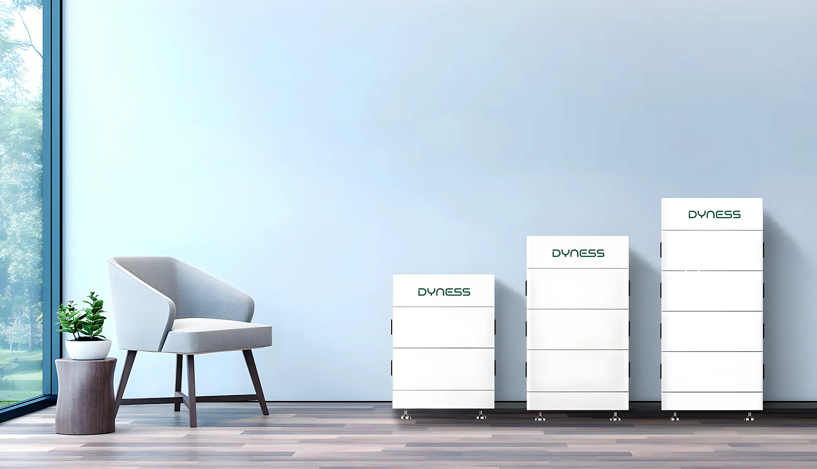 Dyness thuisbatterij modules in een woonkamer