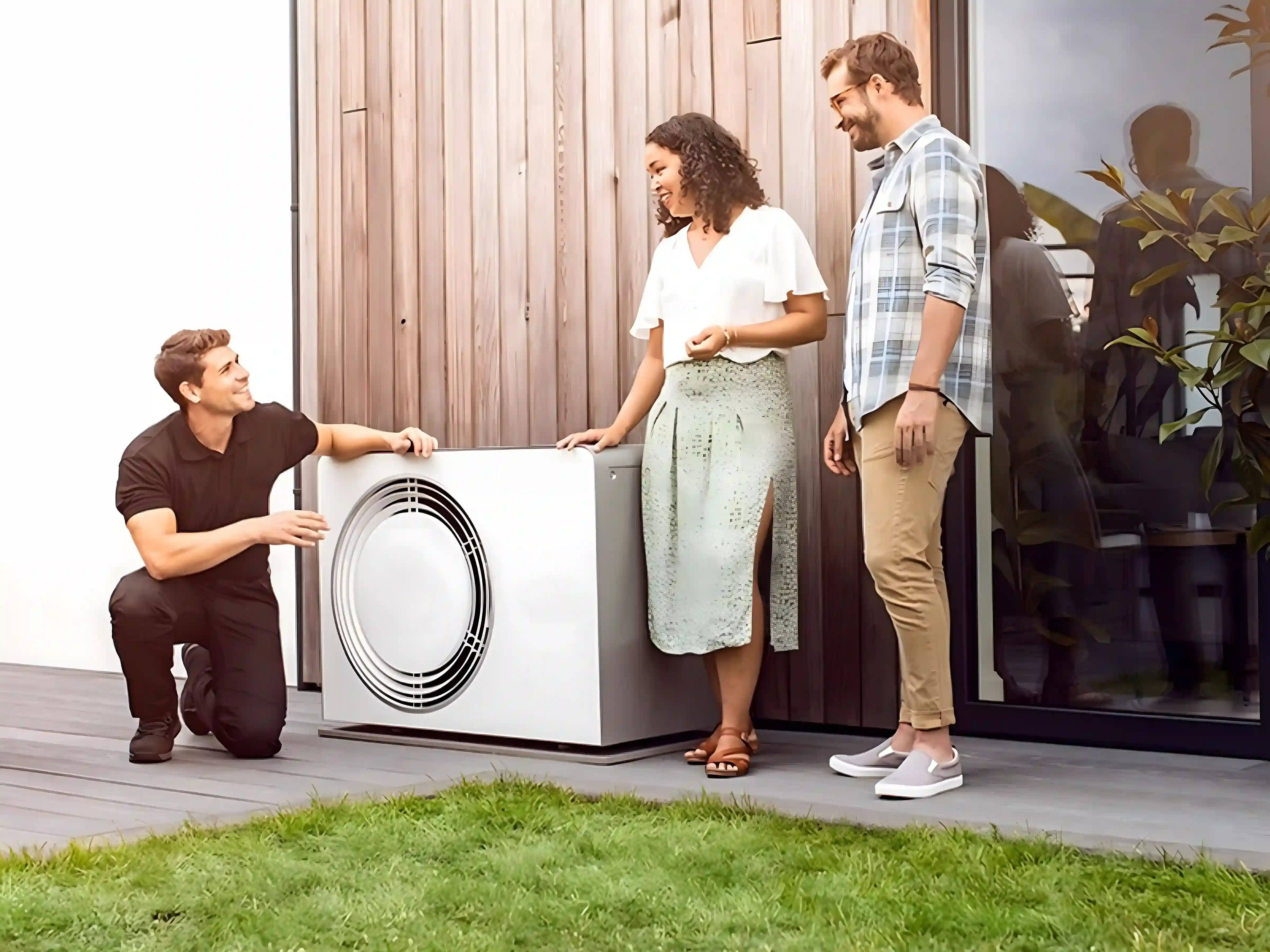 Een monteur werkt aan een warmtepompinstallatie