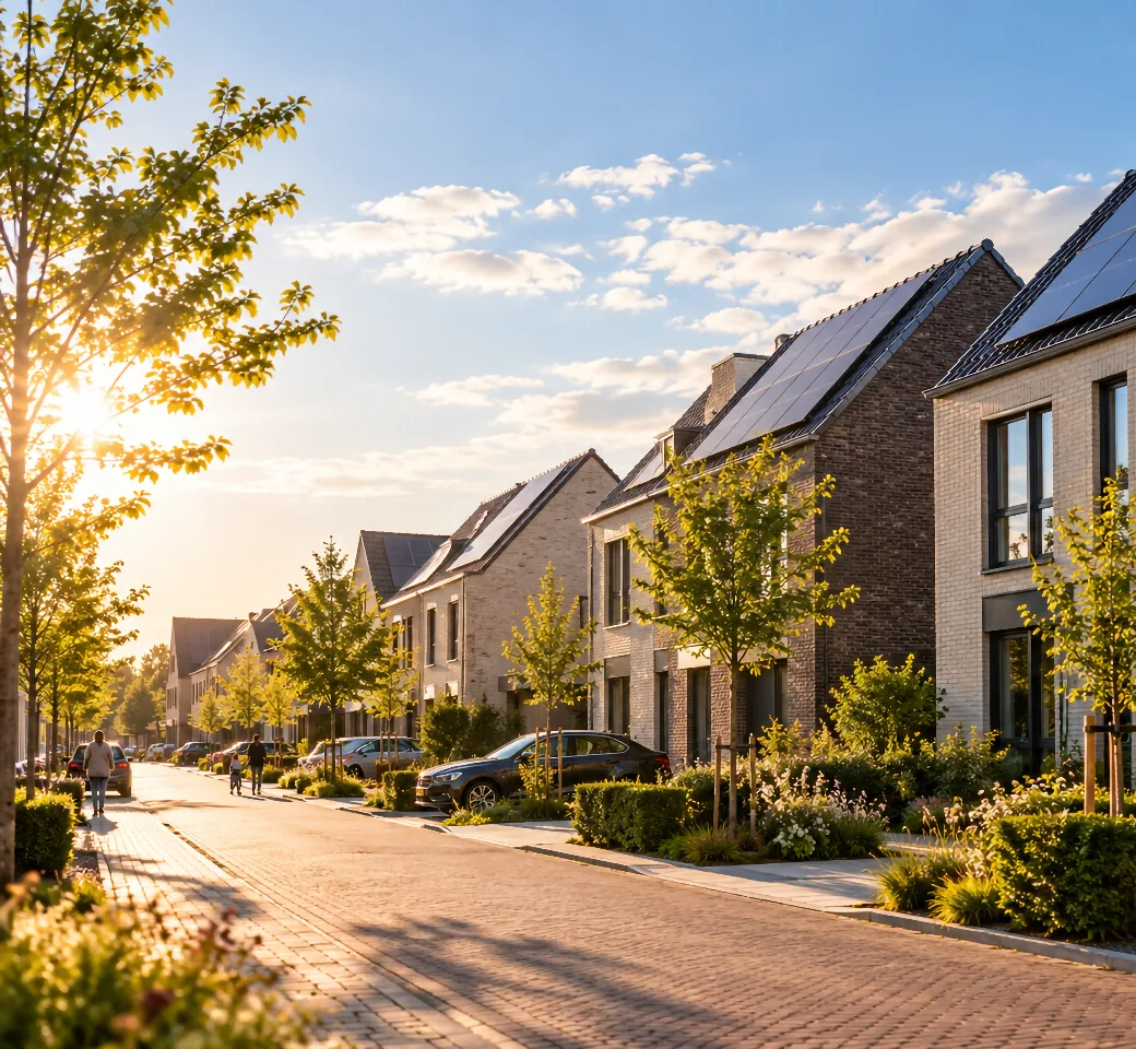 Street of new-build homes with solar panels on the roofs in golden evening light