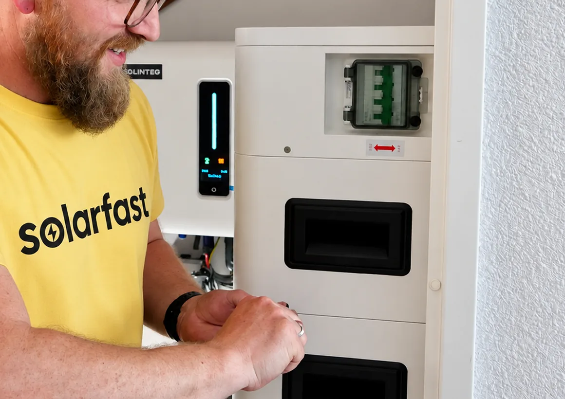 SolarFast installer at a home battery in a meter cupboard