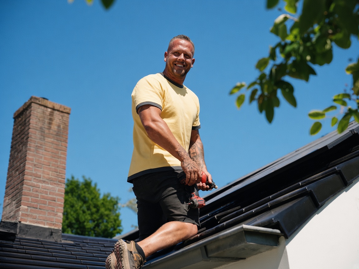 SolarFast monteur draagt een zonnepaneel over een schuin dak tijdens een installatie