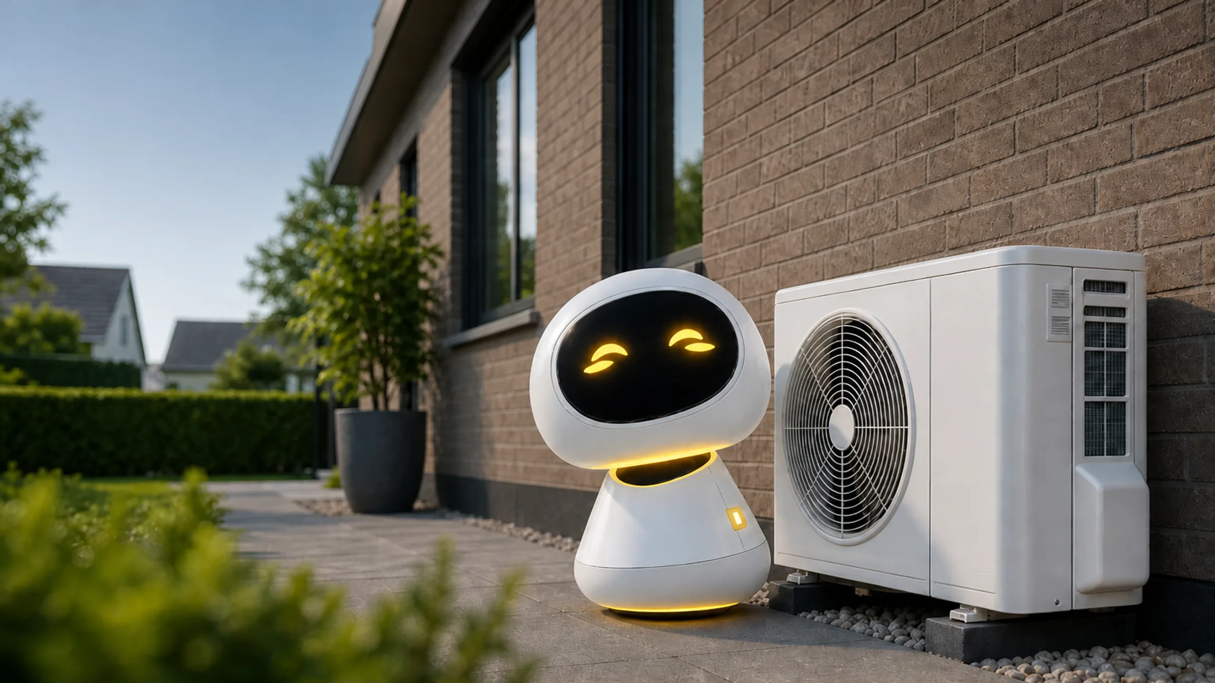 SolarFast robot next to a heat pump outdoor unit, for the ISDE check