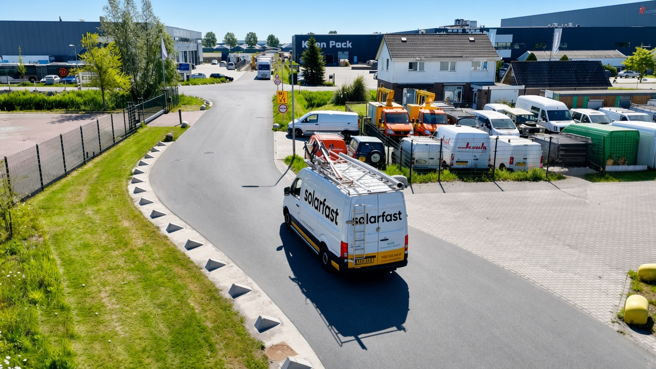 Een witte SolarFast-bus rijdt over een bedrijventerrein