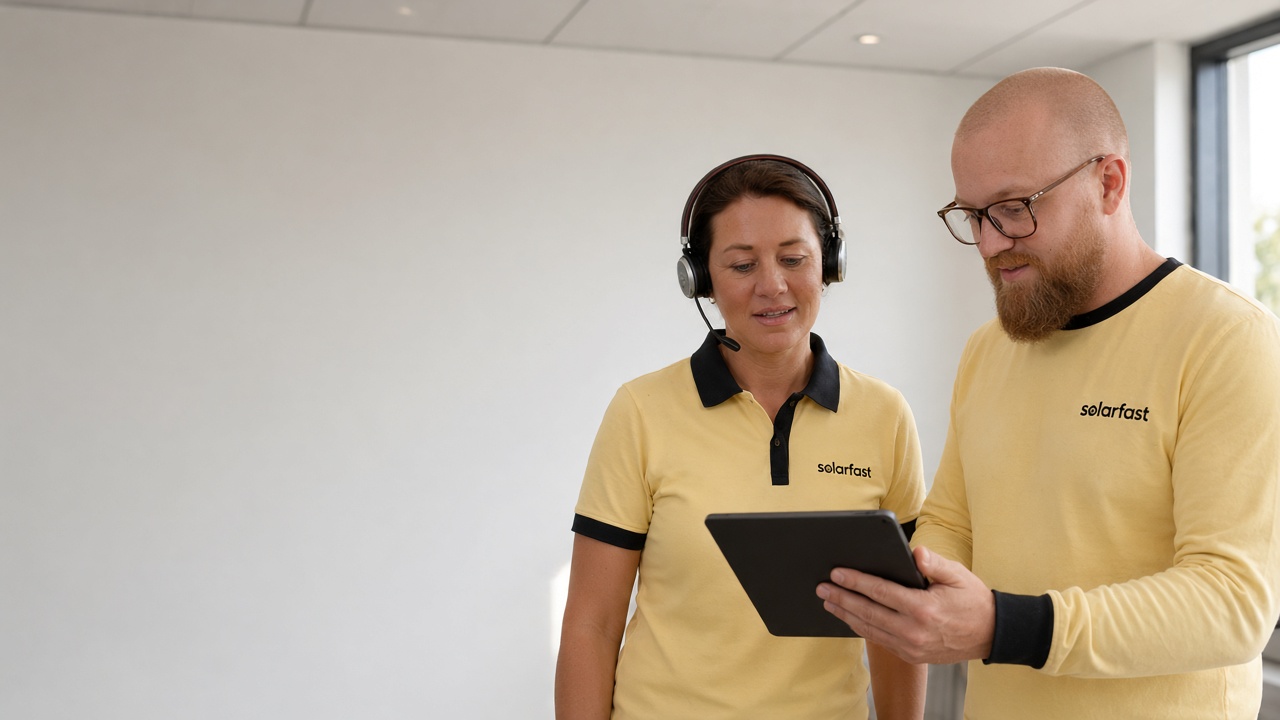 Twee SolarFast-collega's kijken samen naar een tablet