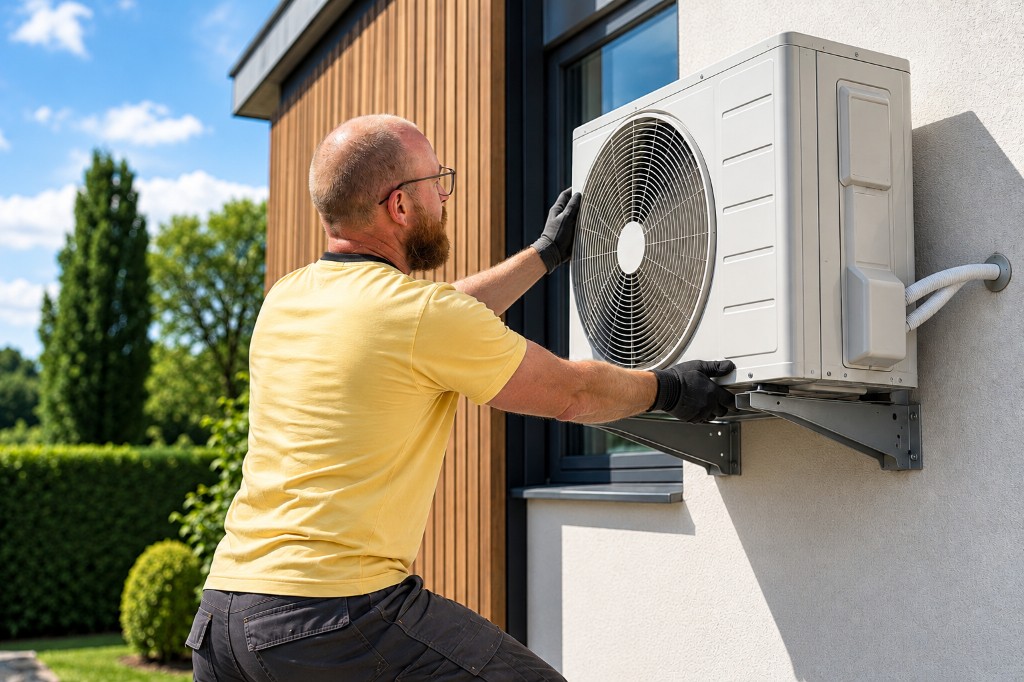 Monteur van SolarFast installeert een airco aan een moderne woning