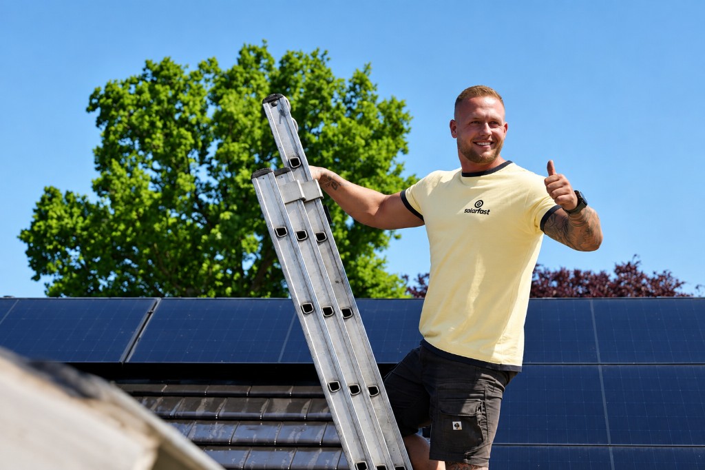 Monteur van SolarFast met ladder op het dak bij zonnepanelen