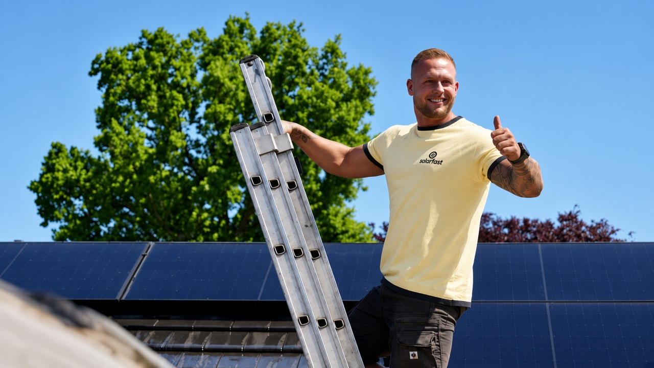 SolarFast monteur op een dak bij zonnepanelen