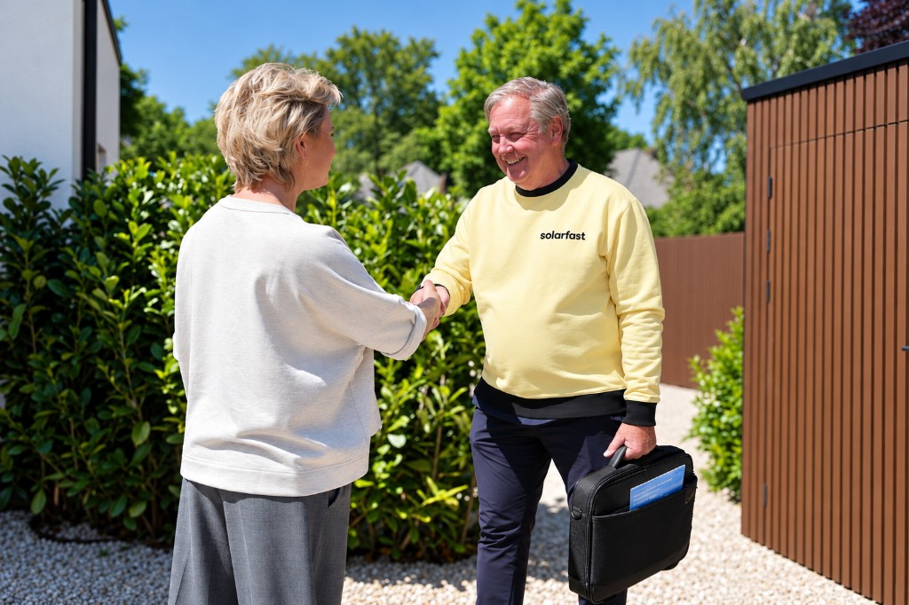 Een SolarFast-adviseur en een bewoner schudden elkaar de hand